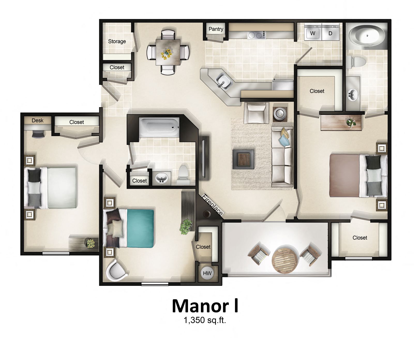 Floor plan for 3 beds, 2 baths, 1350 sqft